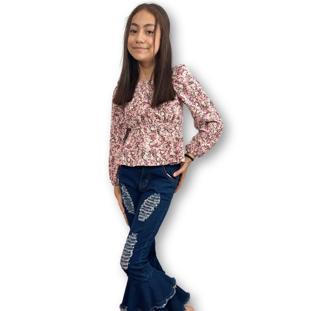 Girls Ditsy Floral Ruffled Neck Long Sleeve Top